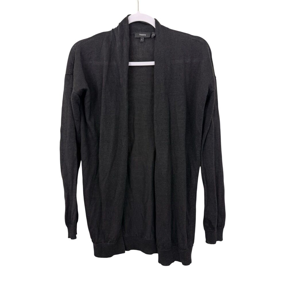 Theory Cardigan Sweater Petite Sz P Black Linen Viscose Long Sleeves Tunic